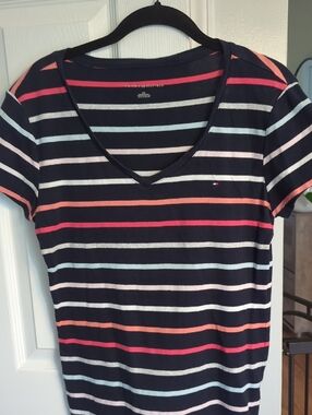 Tommy Hilfiger Navy V-Neck Short Sleeve Tee with Multicolor Stripes